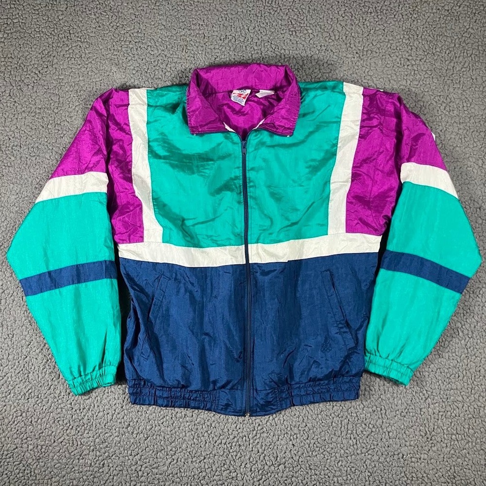 Vintage USA Olympic Windbreaker Jacket Colorblock Teal Purple Mens L JCPenney